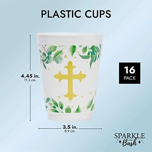 16 oz Plastic Religious Tumbler Cups, Baptism Party Supplies (16 Pack)