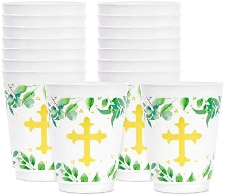 16 oz Plastic Religious Tumbler Cups, Baptism Party Supplies (16 Pack)