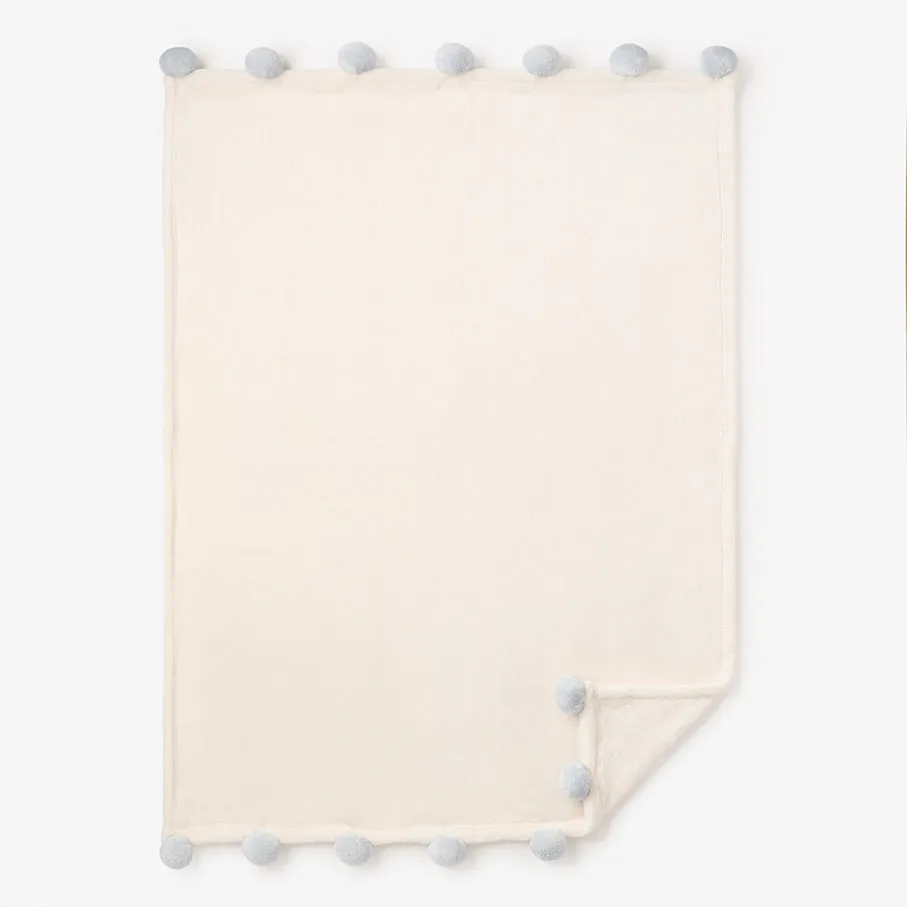 Pale Blue Pom Trim Fleece Baby Stroller Blanket
