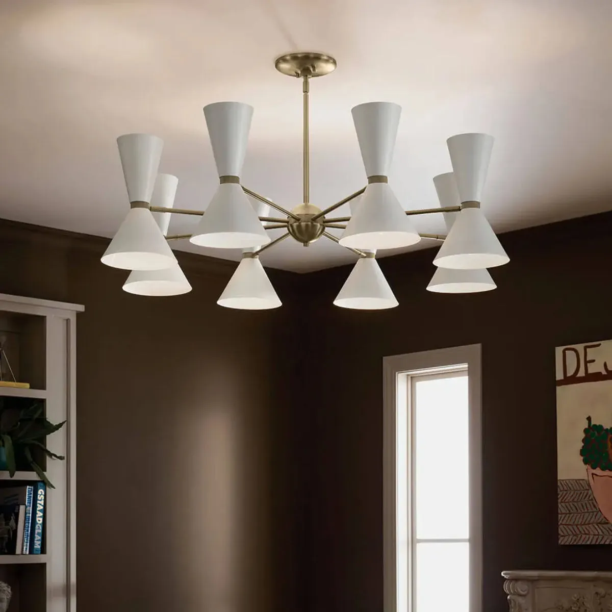 Phix 49" 16-Light Chandelier with Metal Cone Shade, Champagne Bronze and White Finish