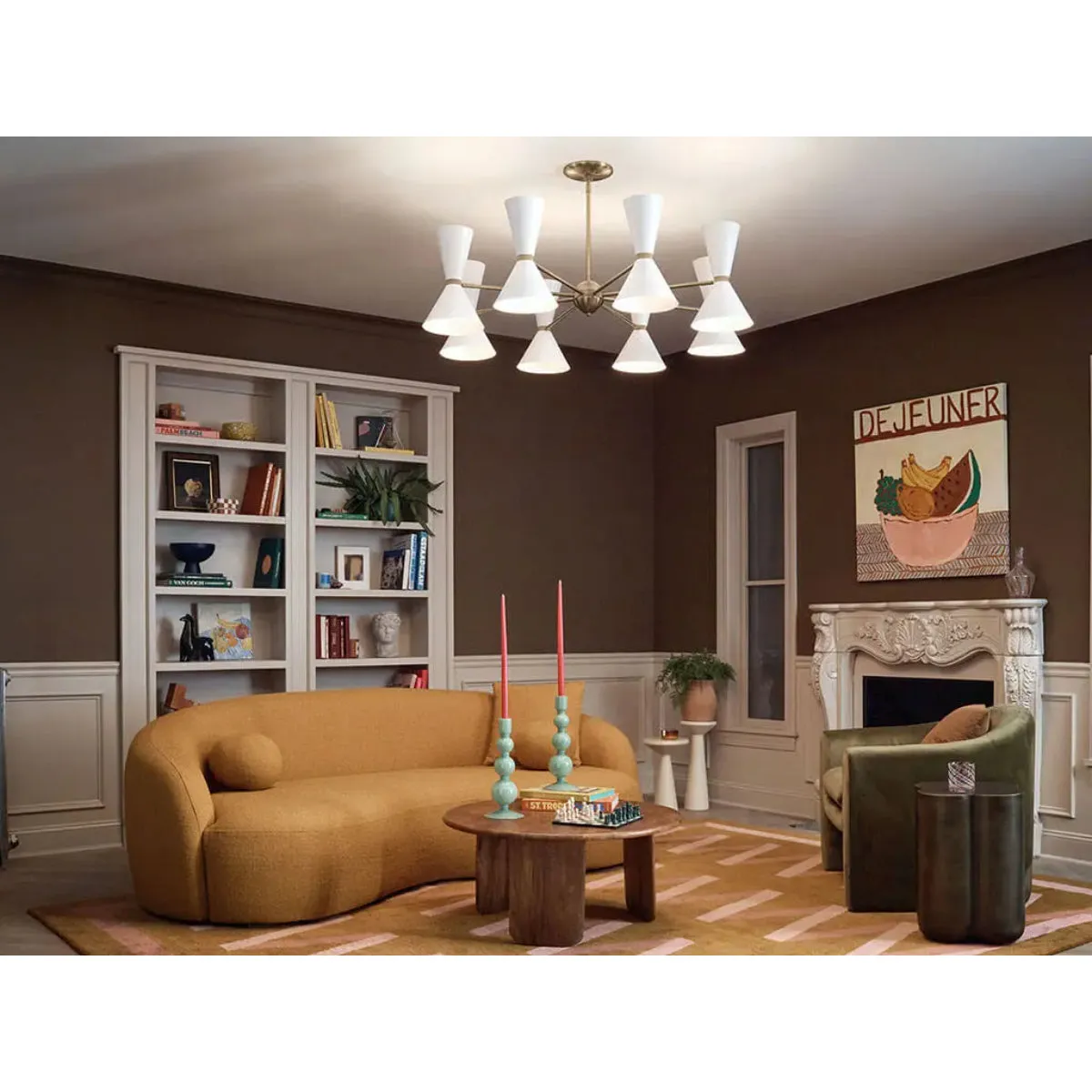 Phix 49" 16-Light Chandelier with Metal Cone Shade, Champagne Bronze and White Finish