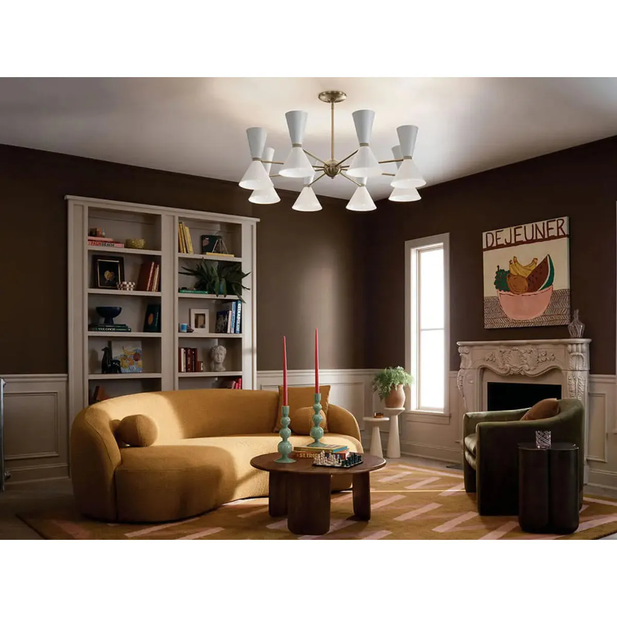 Phix 49" 16-Light Chandelier with Metal Cone Shade, Champagne Bronze and White Finish