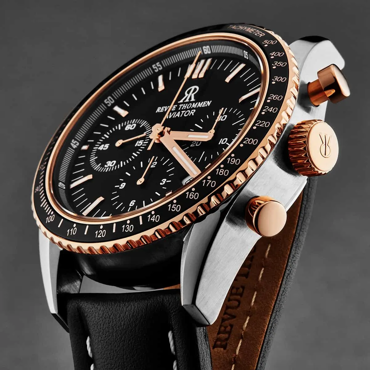Revue Thommen Men's 17000.6557 'Aviator' Black Dial Two-Tone Chronograph Automatic Watch