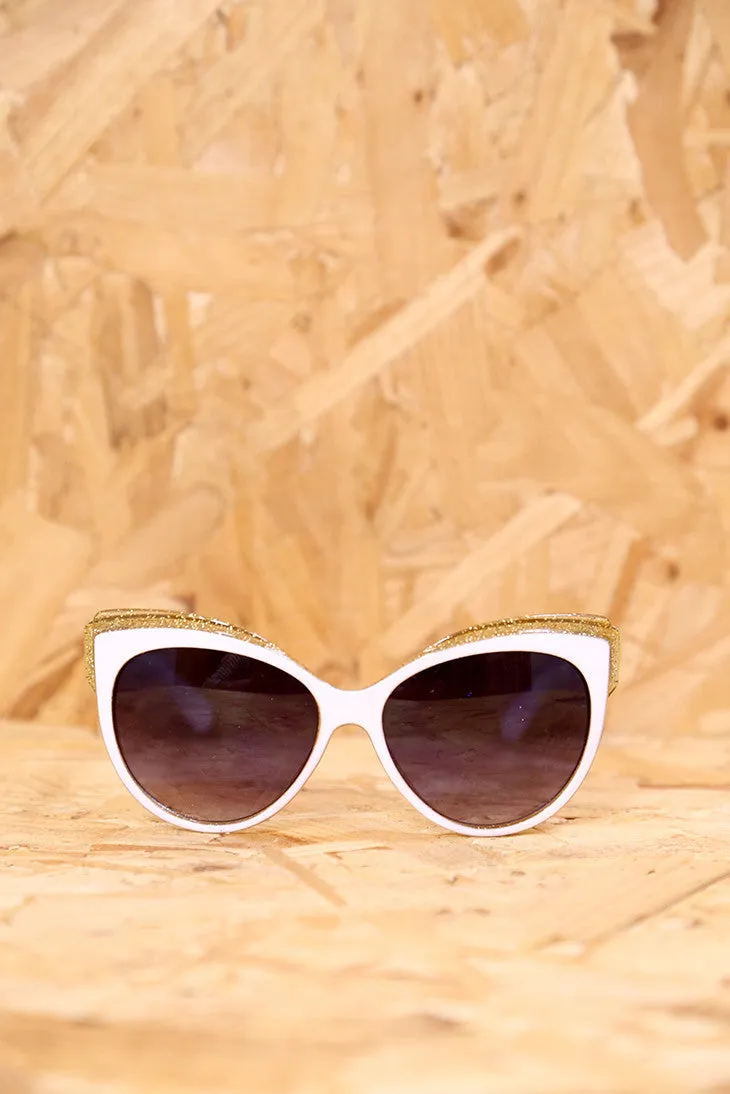 White and Gold Glitter Feline Sunglasses