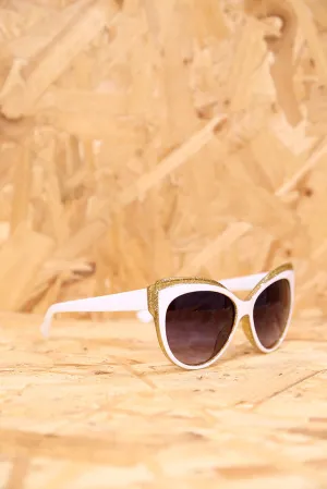 White and Gold Glitter Feline Sunglasses
